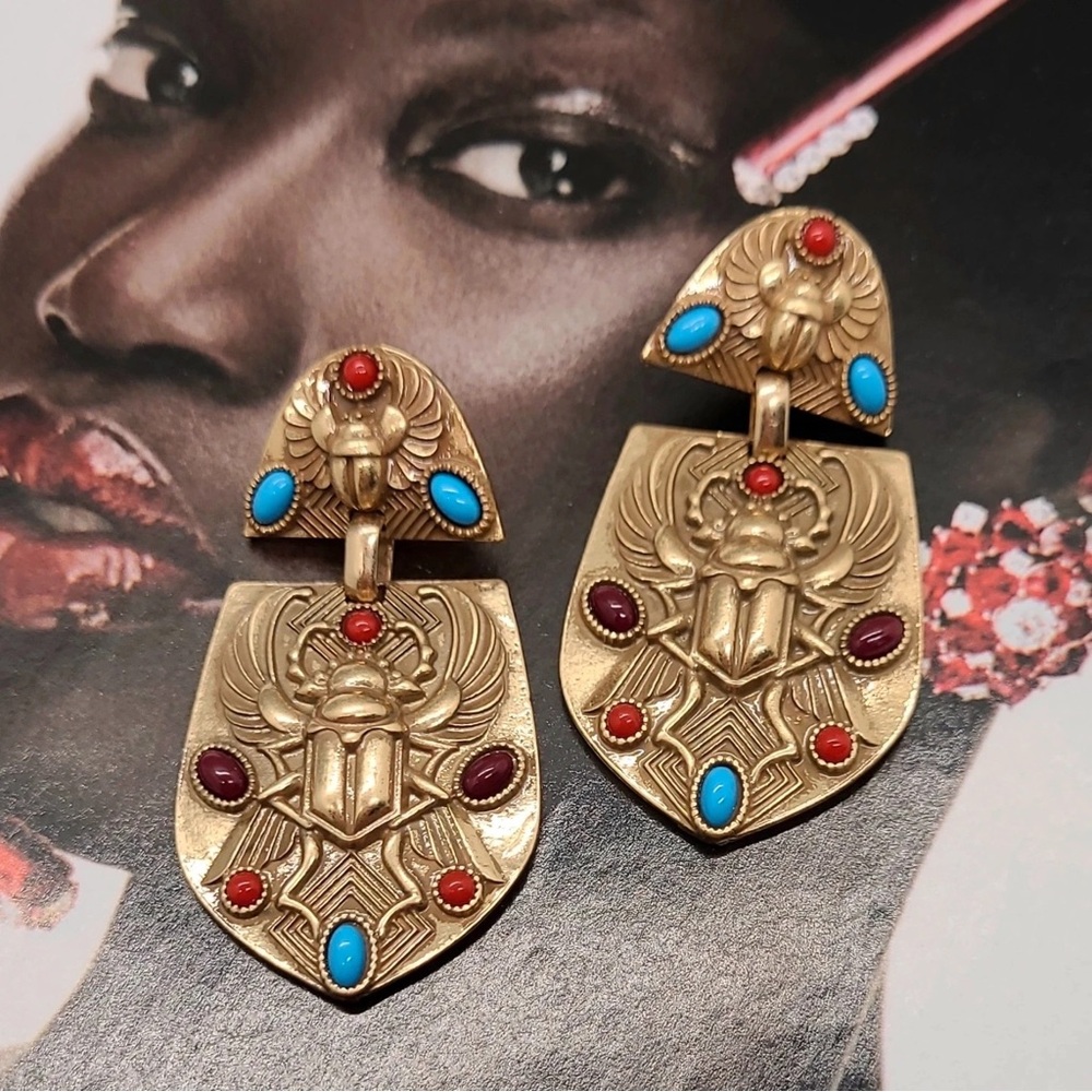 Gold and Multicolor Scarab Earrings